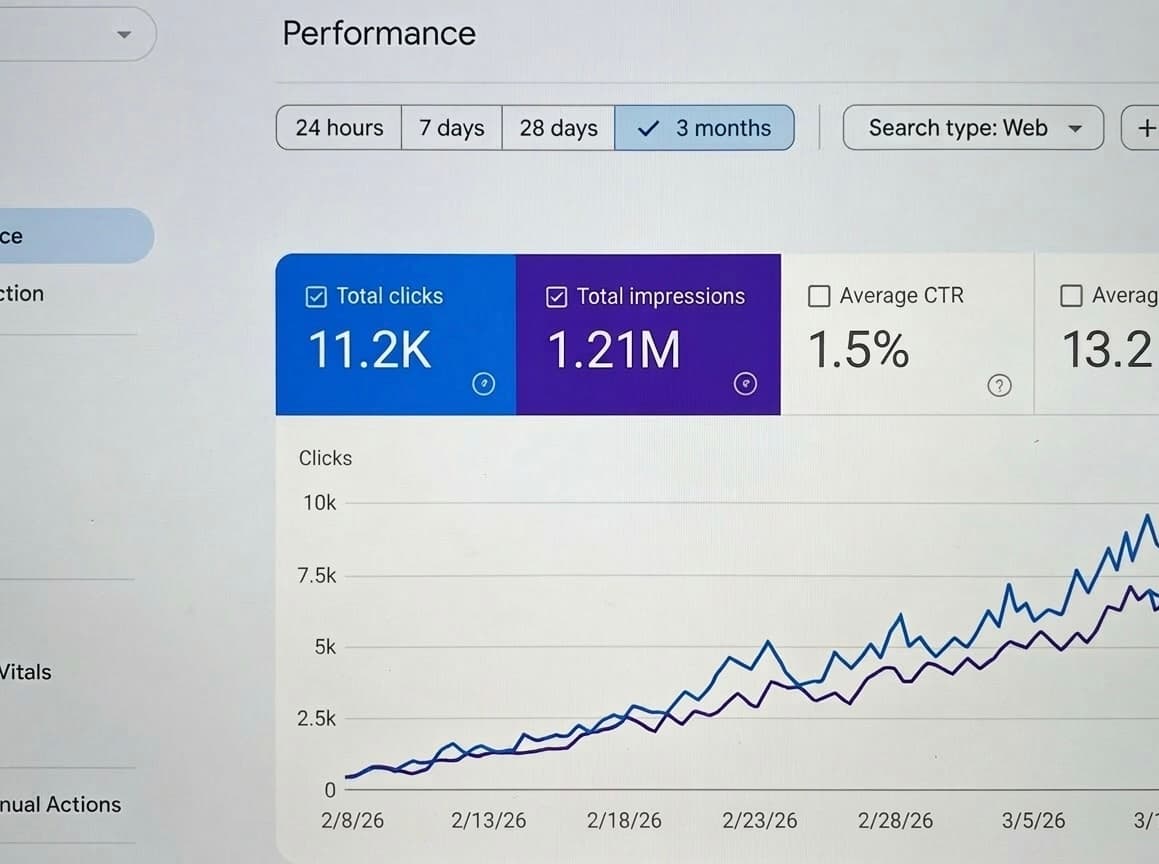 SEO performance growth showing clicks and impressions over time